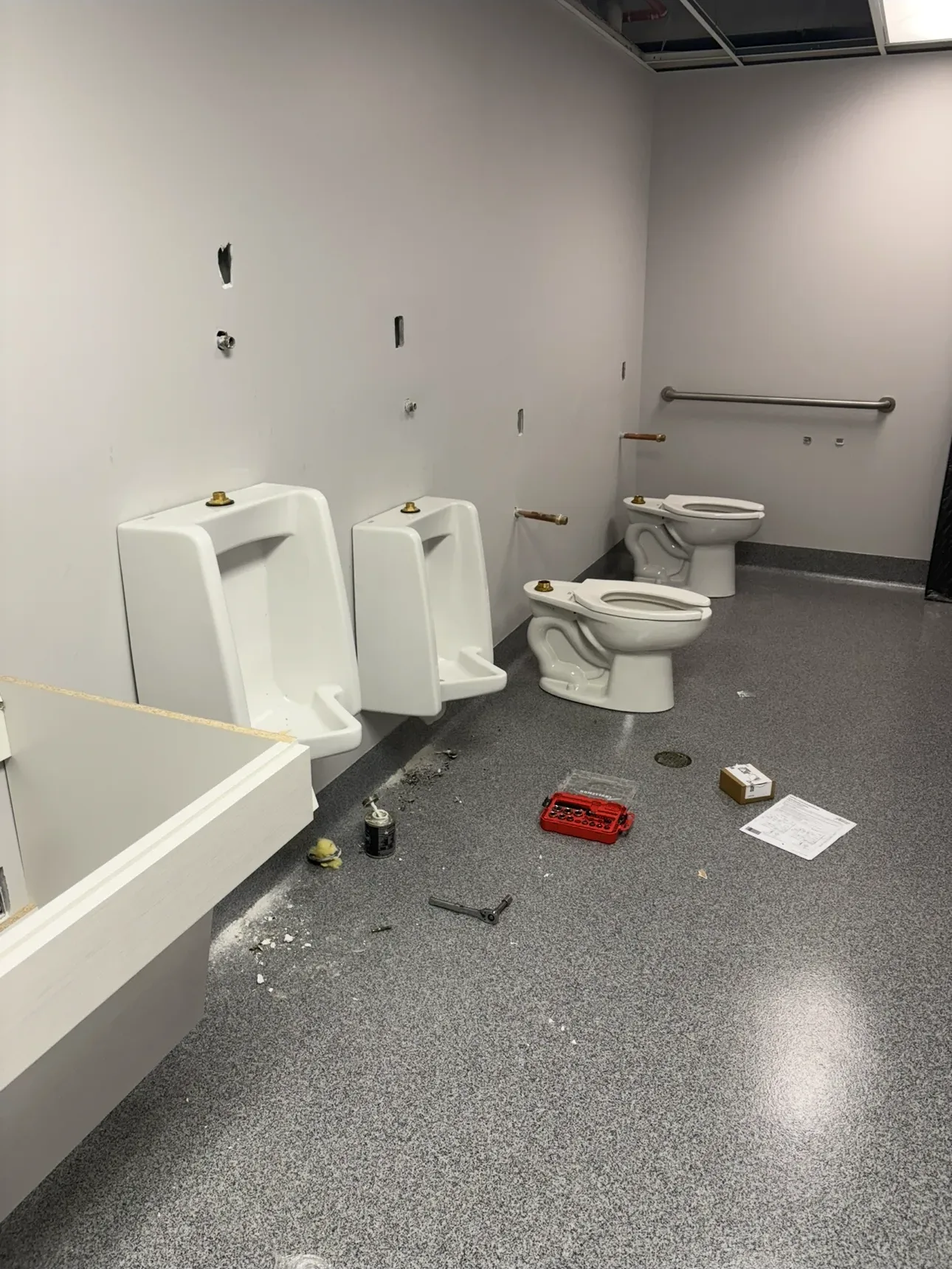 toilets, urinals, sinks, floor, wall, ceiling, light, plumbing, fixtures